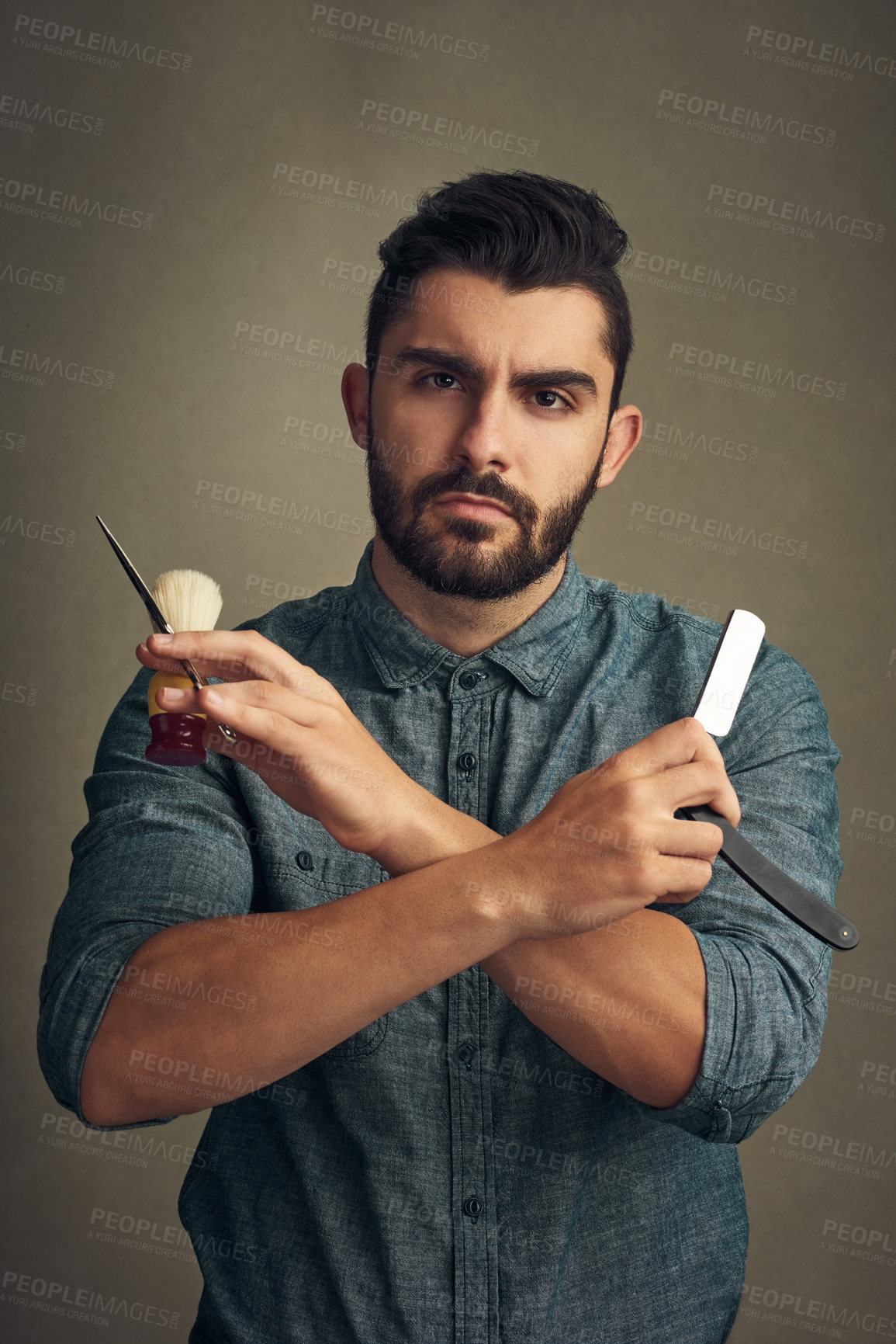 Buy stock photo Man, portrait and scissors with straight razor for hair care, hairstyle and grooming as barber in studio. Male person, professional and personal hygiene for beauty, haircut and barbershop with tools