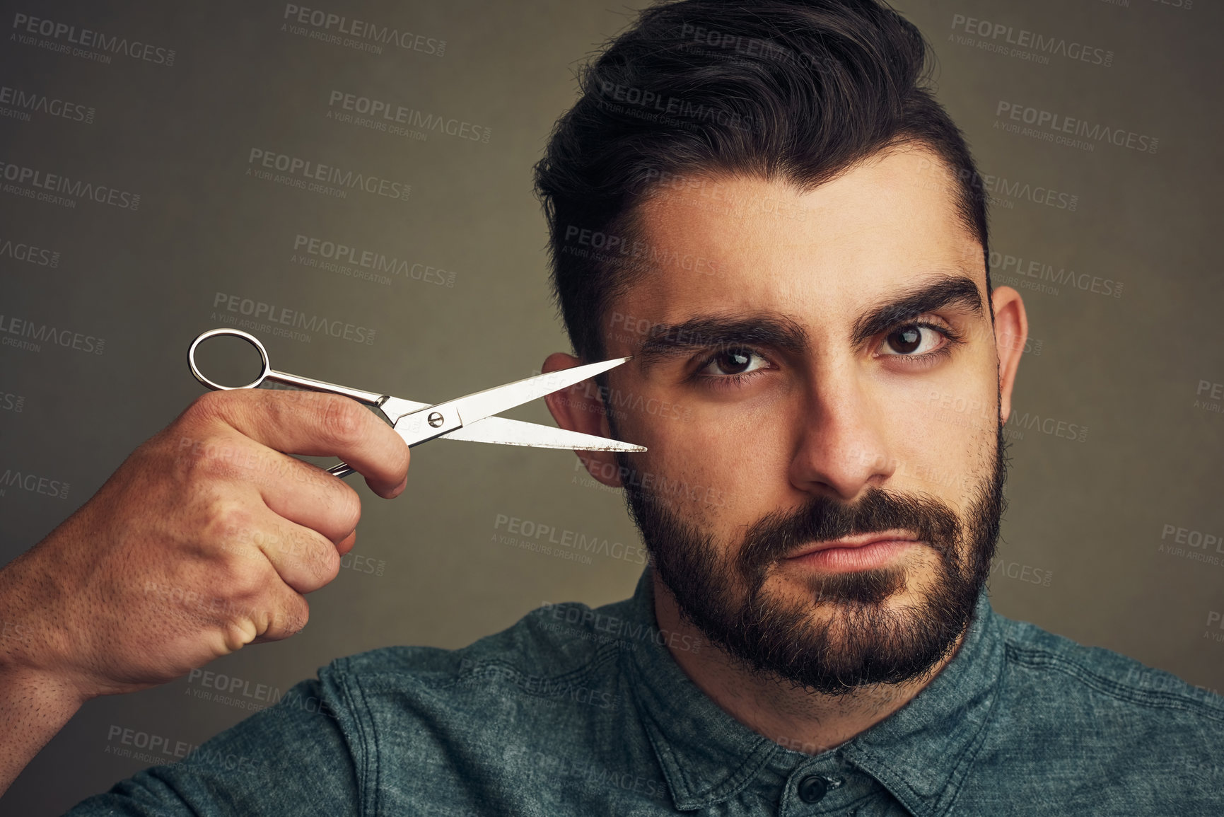 Buy stock photo Man, scissors and portrait on studio background, confident and ready for haircut transformation or trim. Male person, grooming tool and care for cosmetics, maintenance and hairstyle change for growth