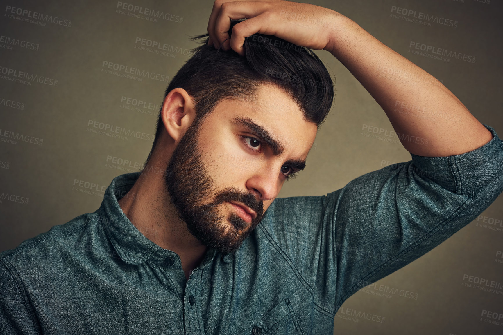 Buy stock photo Hair care, man and thinking in studio for style, date preparation and daily routine. Male person, grooming or hand on head on dark background with confidence, natural treatment or growth management