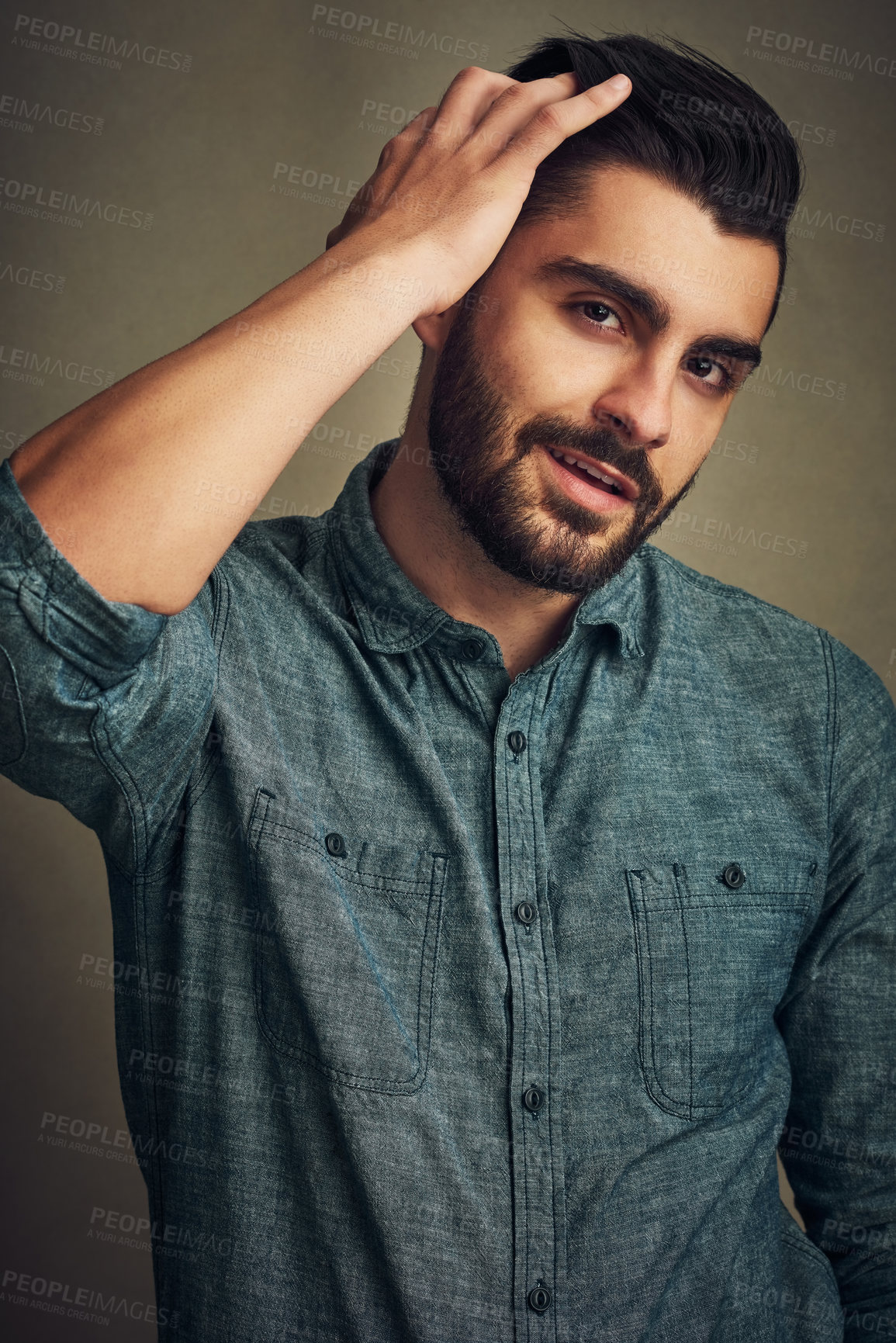 Buy stock photo Hair care, man and portrait in studio for style, date preparation and daily routine. Male person, grooming or hand on head on dark background with confidence, natural treatment or growth management