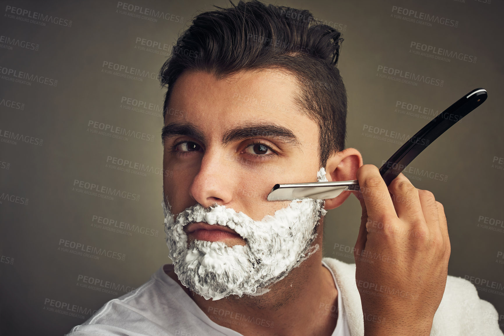 Buy stock photo Man, cream and shaving beard on studio background for facial hair maintenance, self care and texture. Male person, portrait and personal hygiene for cleaning, beauty and morning routine as barber