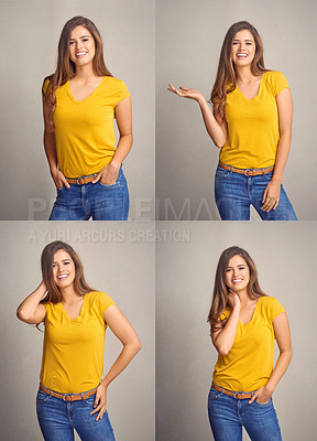 Buy stock photo Collage, fashion and portrait of woman in studio with positive attitude, confidence and pride. Style, trendy clothes and isolated person with joy, beauty and happy expression on gray background