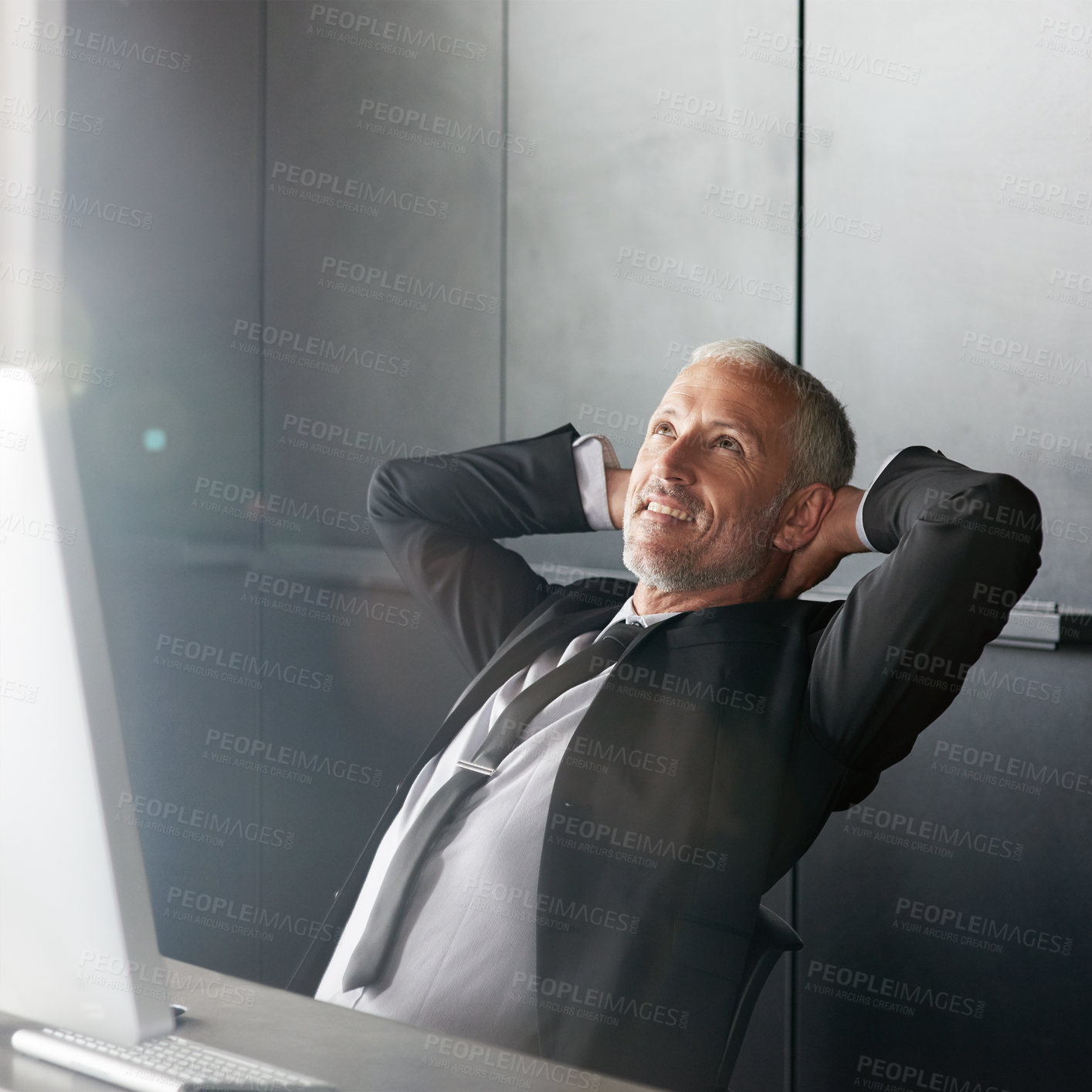 Buy stock photo Business, man and relax or thinking office with desk, happy and complete or attorney done with legal advice. Smile, computer and connection for networking vision, stretching and target achievement