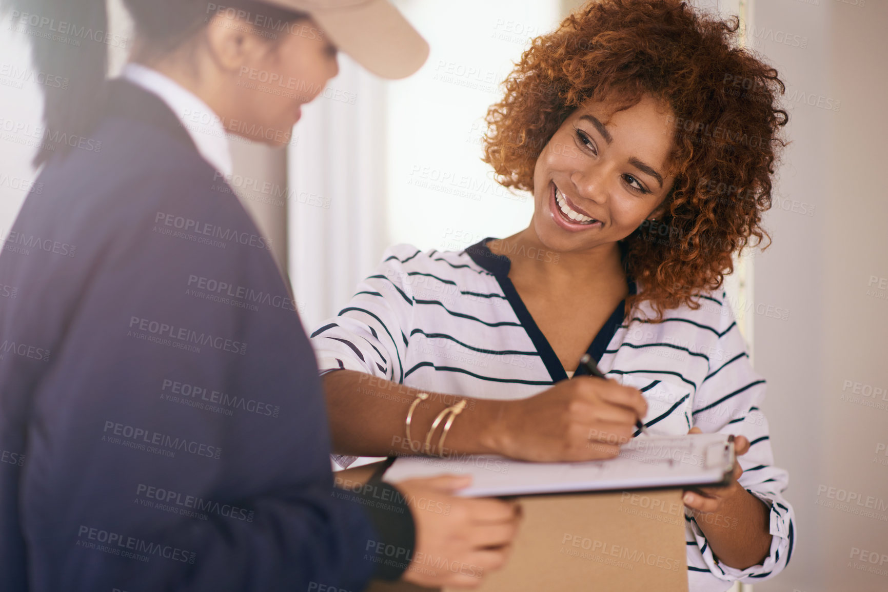 Buy stock photo Delivery, woman and happy customer with signature for box, logistics and stock order receipt paperwork. Document, courier and client with package, shipping and ecommerce distribution service at home