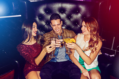 Buy stock photo Party, toast and people celebrating at a nightclub being cheerful and having fun while enjoying nightlife. Clubbing, alcohol drinks and friends partying with cocktails at disco event to celebrate