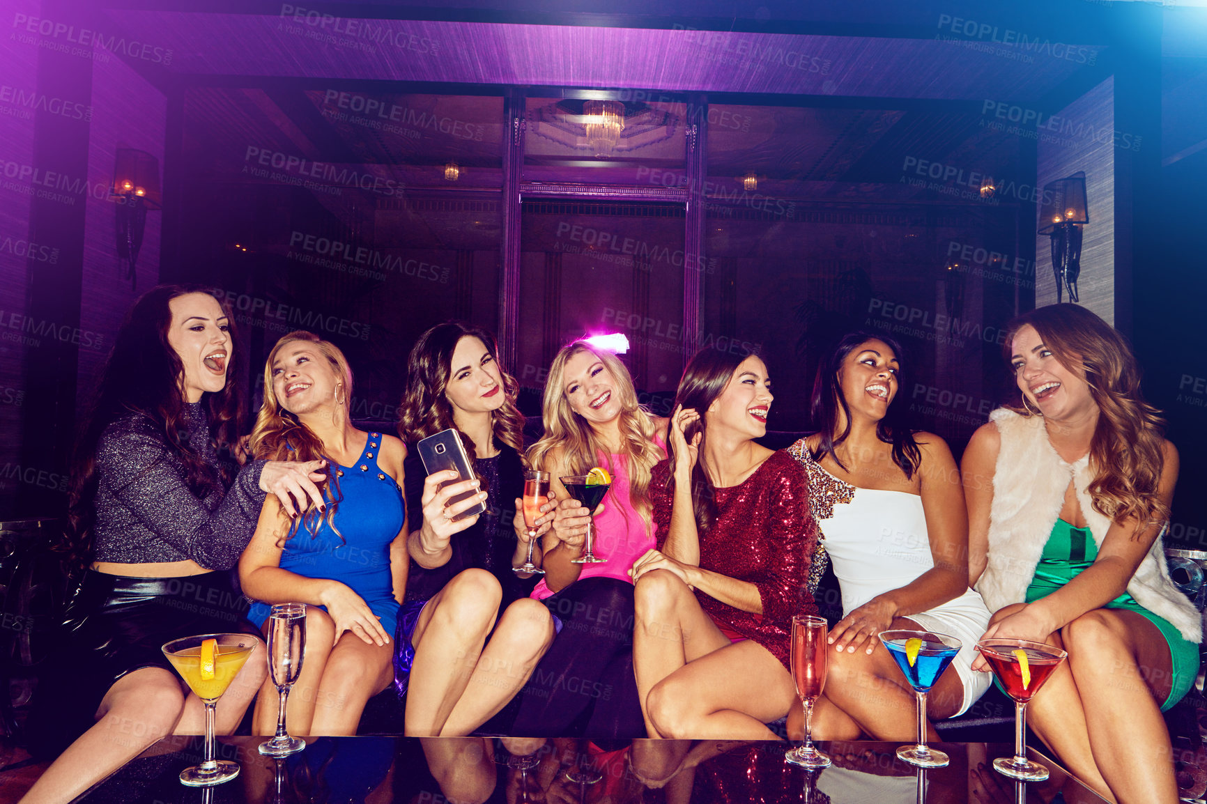 Buy stock photo Women, smile or friends in nightclub selfie with drink, glass or cocktails for memory, event or reunion. Pictures, relax and happy people on dark party couch for social media, photo or  celebration