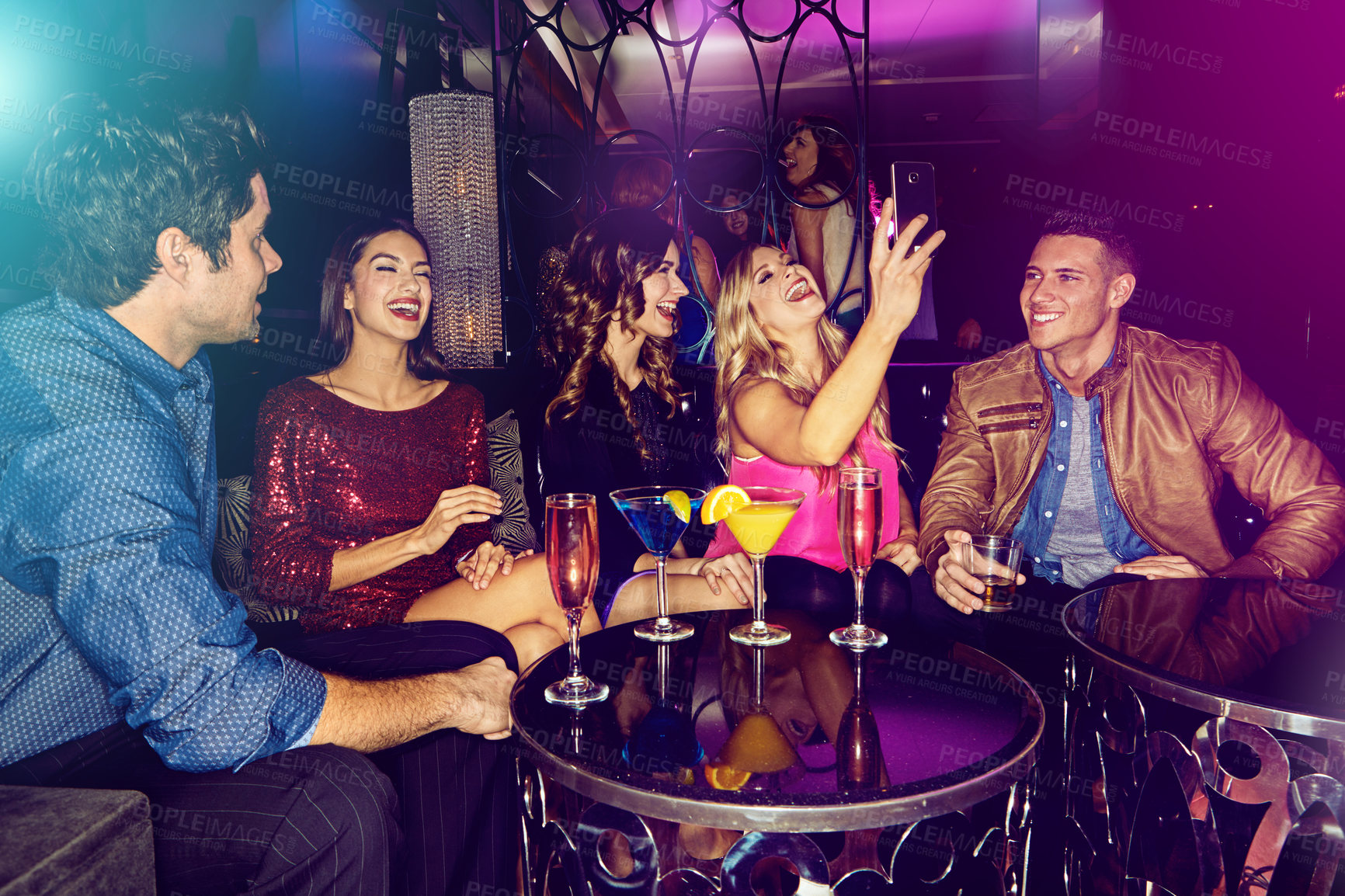 Buy stock photo Group, selfie or friends in nightclub with cocktails, smile or drinks for memory, vip event or reunion. Pictures, men or happy women on dark party couch for alcohol, photograph or social celebration