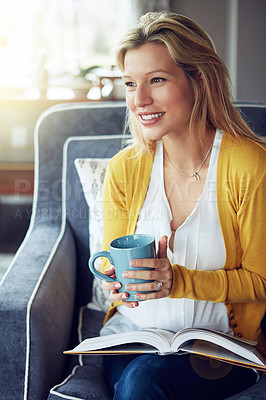 Buy stock photo Happy woman, armchair and coffee break with thinking, relax or reading as interior designer for architecture firm. Female person, idea and apartment for calm, stress management or peace as consultant