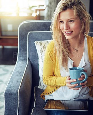 Buy stock photo Happy woman, tablet and coffee break in thinking, relax or internet as interior designer for architecture firm. Female person, tech and apartment for calm, stress management or peace as consultant