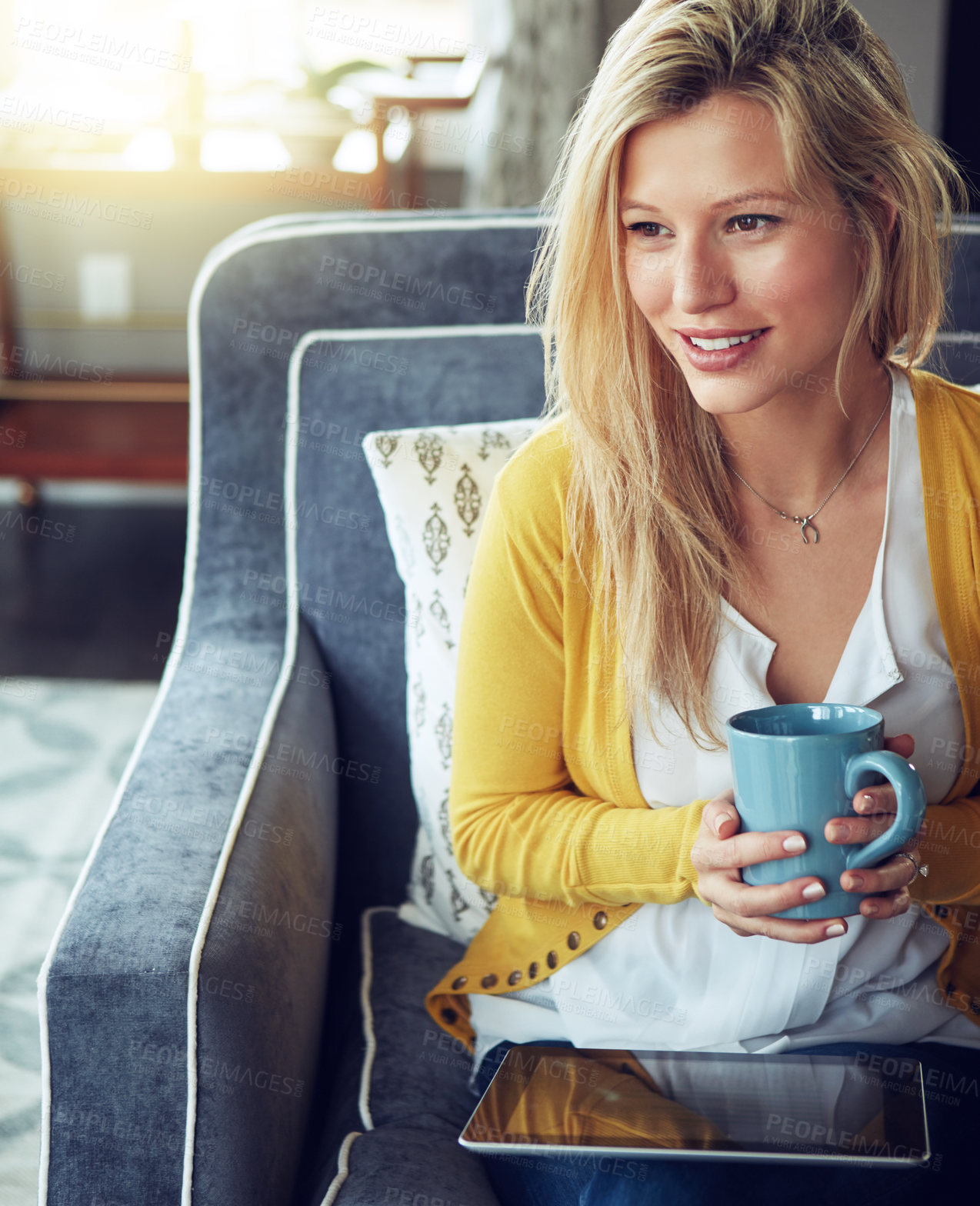 Buy stock photo Happy woman, tablet and coffee break in thinking, relax or internet as interior designer for architecture firm. Female person, tech and apartment for calm, stress management or peace as consultant