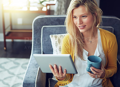 Buy stock photo Happy woman, tablet and coffee break in thinking, relax or reading as interior designer for architecture firm. Female person, tech and apartment for calm, stress management or peace as consultant