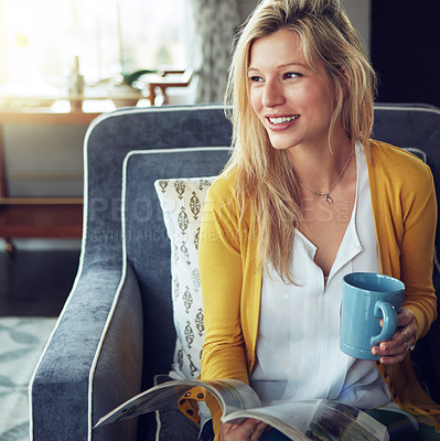 Buy stock photo Happy woman, magazine and coffee break in reading, relax or thinking as interior designer for architecture firm. Female person, rest and apartment for calm, stress management or peace as consultant