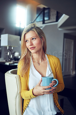 Buy stock photo Thinking, coffee and woman on sofa in home for relaxing, chill and calm with drink, beverage and tea. Apartment, morning and person wonder in living room for wellness, rest and break for remote work