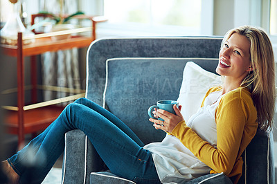 Buy stock photo Woman, relax and drinking coffee in comfort, armchair or break at home with hot beverage. Female person, happy and rest on couch for calm, apartment or peace with happiness in modern house or lounge