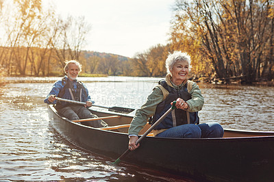 Buy stock photo Lake, rowing and kayak with senior couple, relax and retirement with happiness, weekend break and vacation. Outdoor, river and mature man with old woman, support and trust with holiday and nature