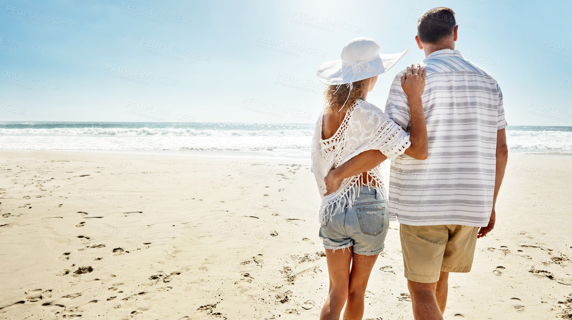 Buy stock photo Love, hug and back of couple at a beach with support, care and trust while bonding on summer break together. Travel, relax and calm people embrace at the ocean for adventure, journey or trip in Miami