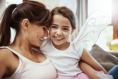 Buy stock photo Mother, girl and happy on selfie on couch for memories, fun and care with support for child development. Parent, kid and smile in living room on sofa for social media, bonding and home with butterfly