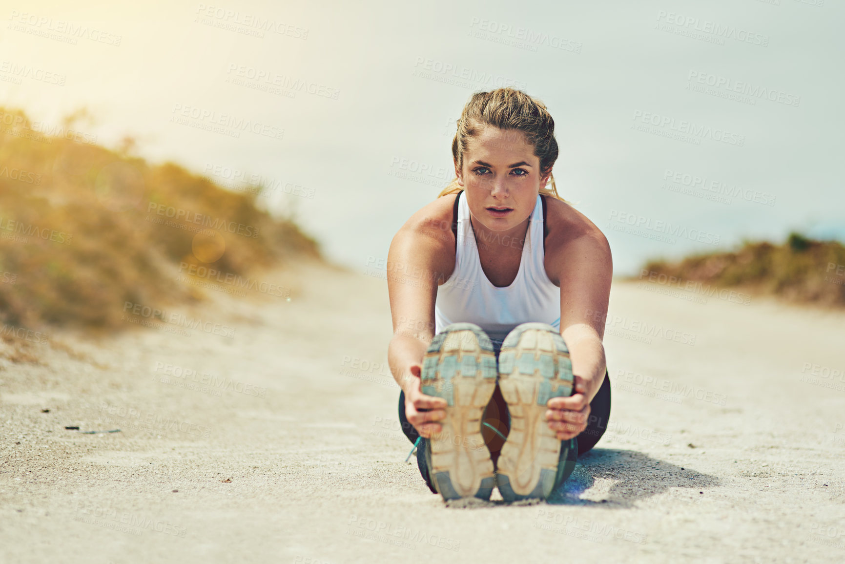 Buy stock photo Fitness, portrait and stretching with woman outdoor on mountain trail for summer, exercise or health. Wellness, training and warm up with female athlete on road for running, workout or morning cardio