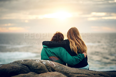 Buy stock photo Shot of unrecognizable female friends looking at the view together outdoors