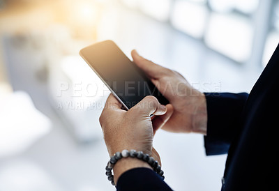 Buy stock photo Man, phone and hands typing in office for communication, networking and information of profit report. Male person, mobile and scroll for email, research and investment of digital finance notification