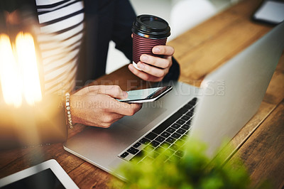 Buy stock photo Coffee, phone and laptop with man hands at office with website planning on social media break. Morning, online web designer and creative job with latte and scroll at desk with app design work