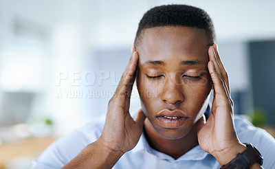 Buy stock photo Strain, headache and black man in office, sick and thinking of debt, burnout and overworked with head pain. Migraine, contemplating and illness for person, discomfort and workaholic with stress