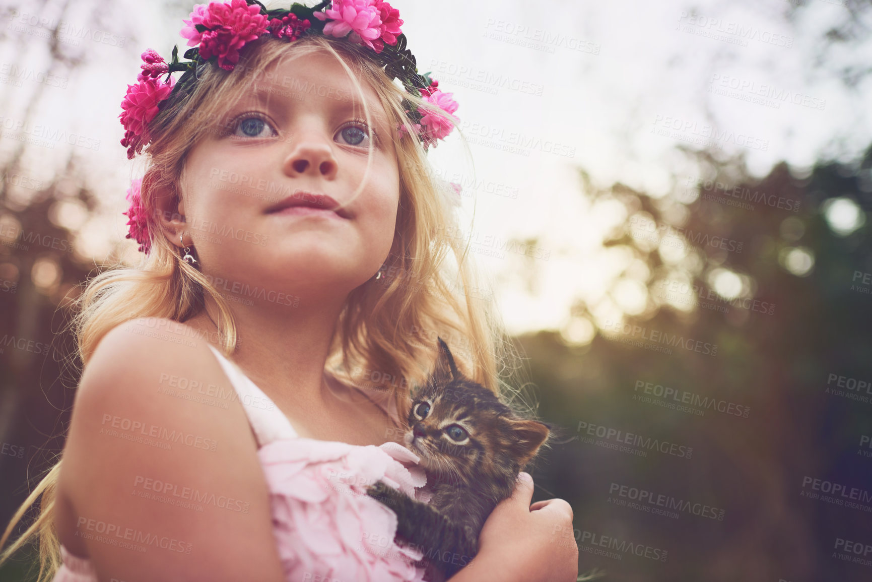 Buy stock photo Girl, smile and outdoor with kitten for love or furry companion for comfort, friendship and growth or development. Kid, flower crown and cute animal in nature with affection, bonding and playing.