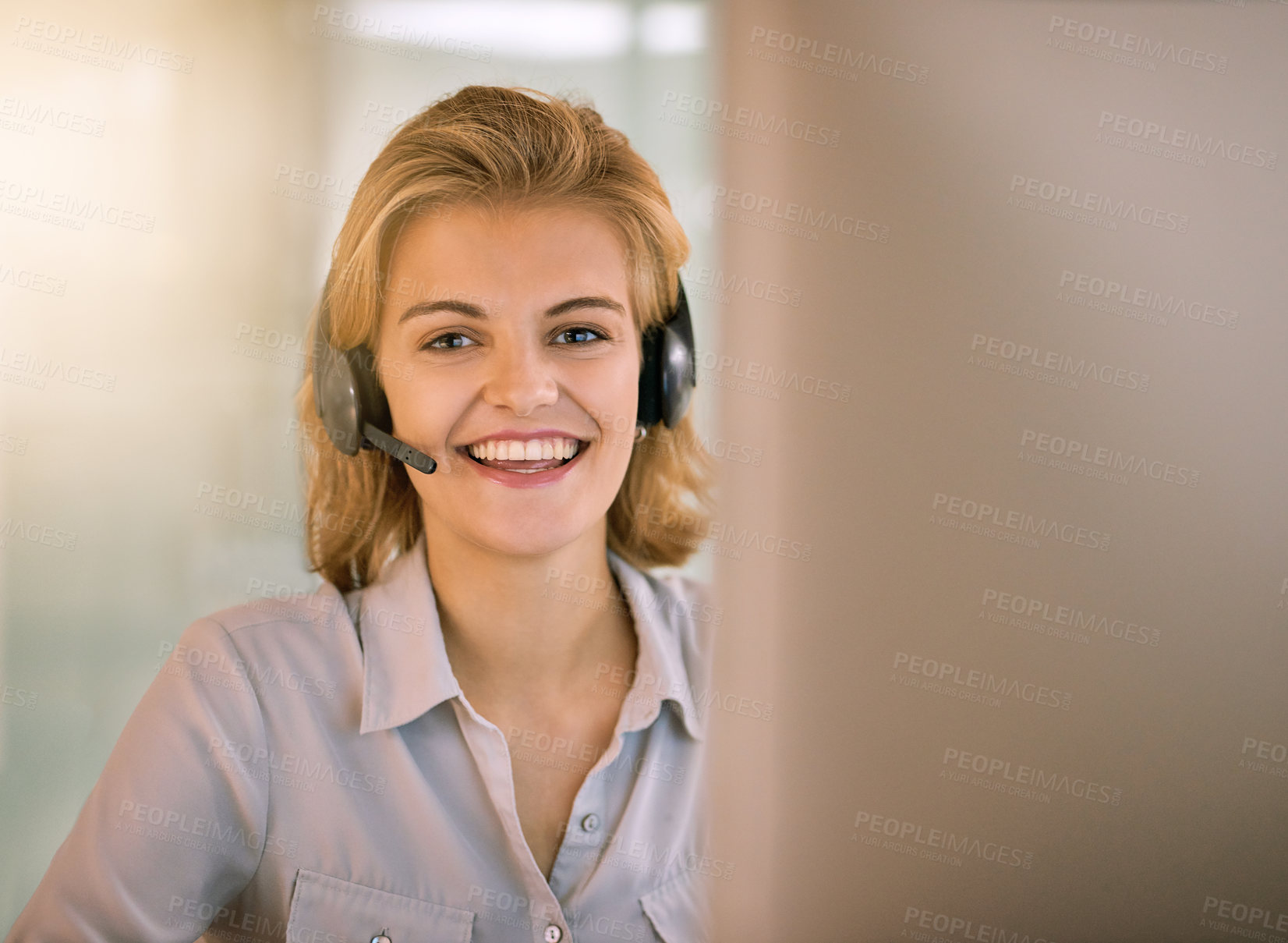 Buy stock photo Computer, customer service and portrait of consultant woman in office for advice, help or lead generation. Call center, face and smile of happy employee in headset at workplace for contact or support