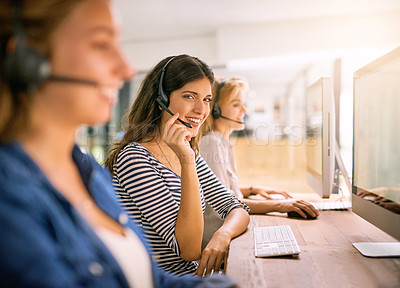 Buy stock photo Call center, computer and portrait of woman at desk in office for advice, help or lead generation. Consulting, headset and smile of happy employee in customer service workplace for contact or support