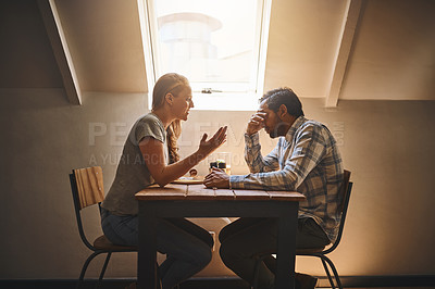 Buy stock photo Argue, fight and break up with a couple in a restaurant, shouting about divorce, cheating or infidelity. Anger, frustrated or unhappy with a man and woman arguing about marriage in a cafe or diner