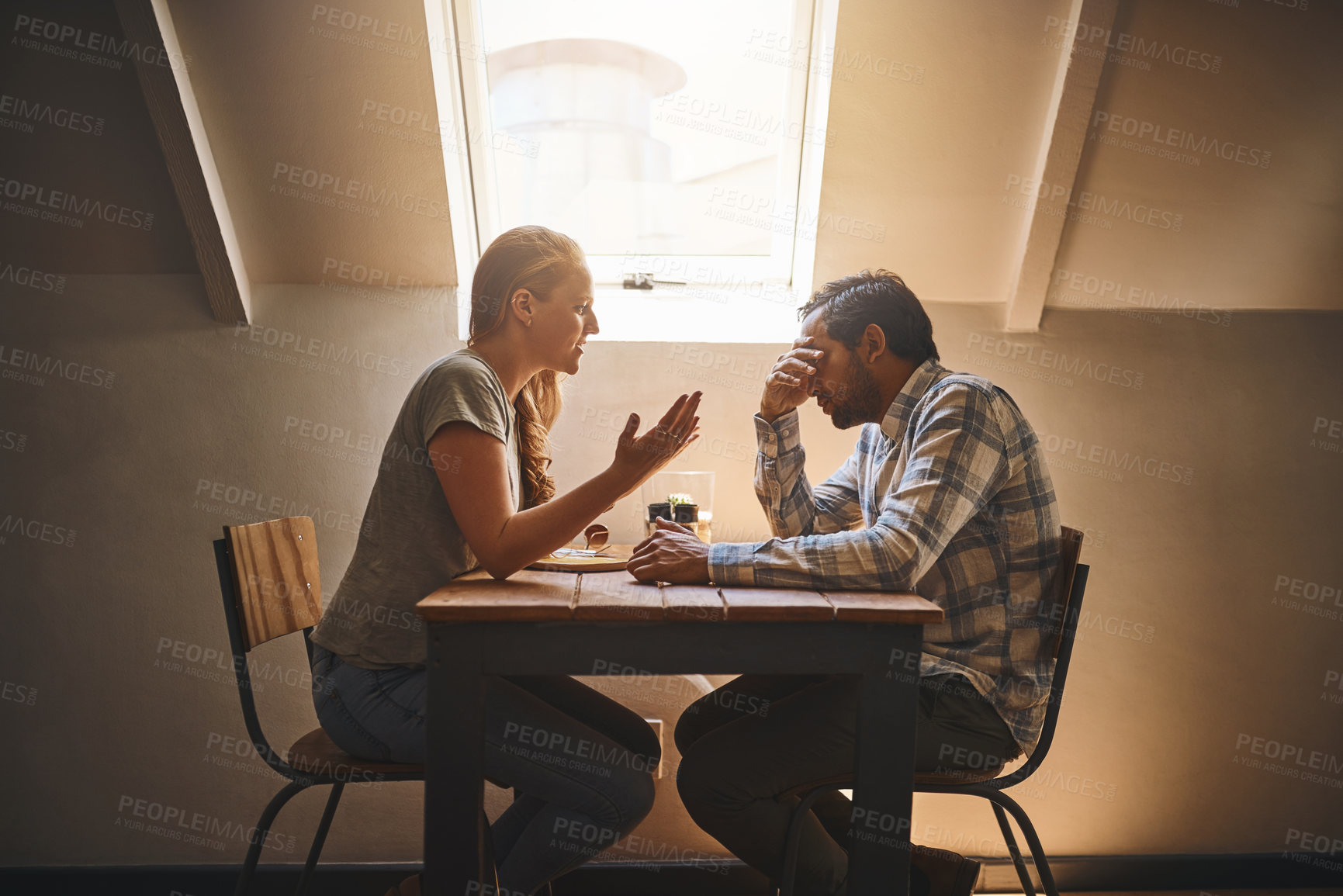 Buy stock photo Argue, fight and break up with a couple in a restaurant, shouting about divorce, cheating or infidelity. Anger, frustrated or unhappy with a man and woman arguing about marriage in a cafe or diner