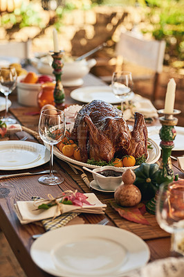 Buy stock photo Thanksgiving, food and turkey table for gratitude, thanks and grace holiday lunch outside. Roast, vacation and festive outdoor dining meal with colorful decoration for USA celebration.

