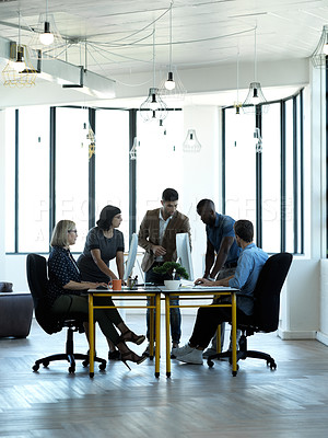 Buy stock photo Business people, meeting and team collaboration for corporate strategy in boardroom or conference table. Group of employee workers in planning, brainstorming or teamwork for company goals in workshop
