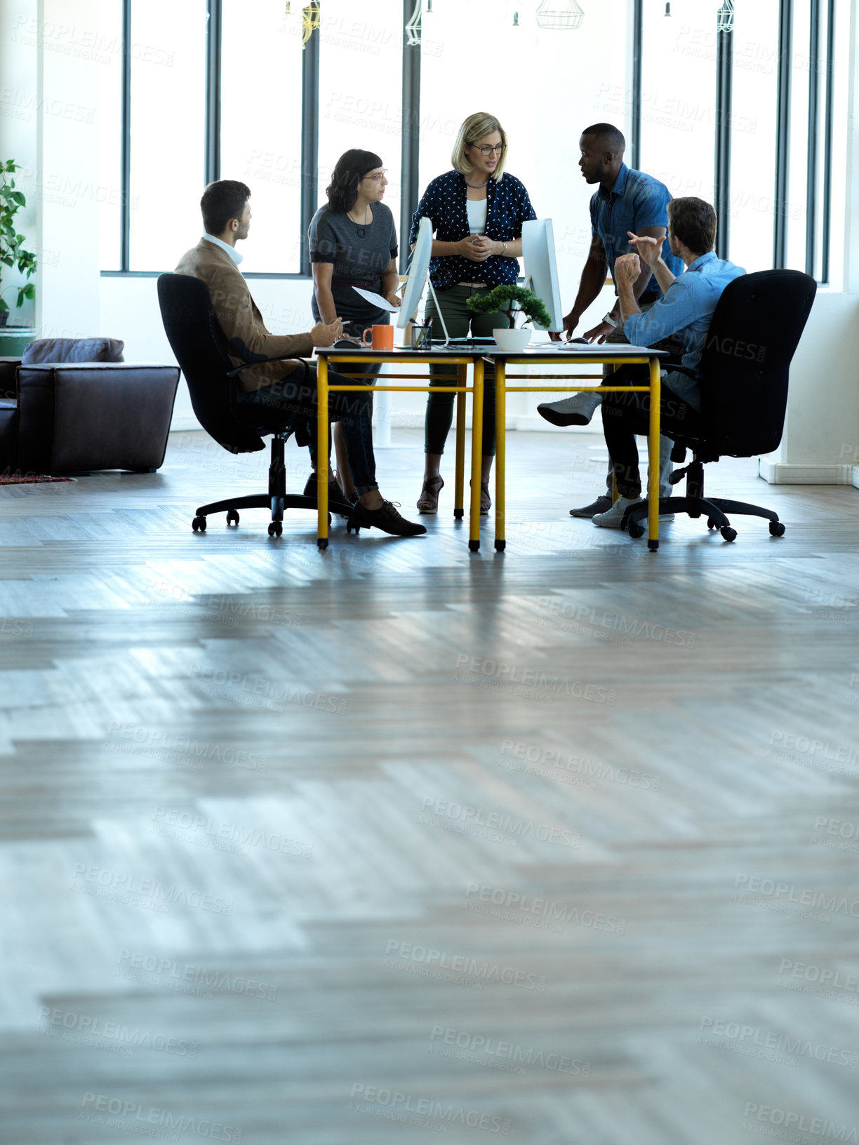 Buy stock photo Coaching, support and teamwork with business people in meeting with floor mockup for goal, idea or planning. Collaboration, review or creative with employee in office for designer, mentor or vision