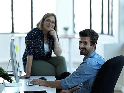 Buy stock photo Portrait, man and woman in office, business and brainstorming for project, sales growth and advertising campaign. Face, happy male employee and female manager in workplace, smile or corporate success