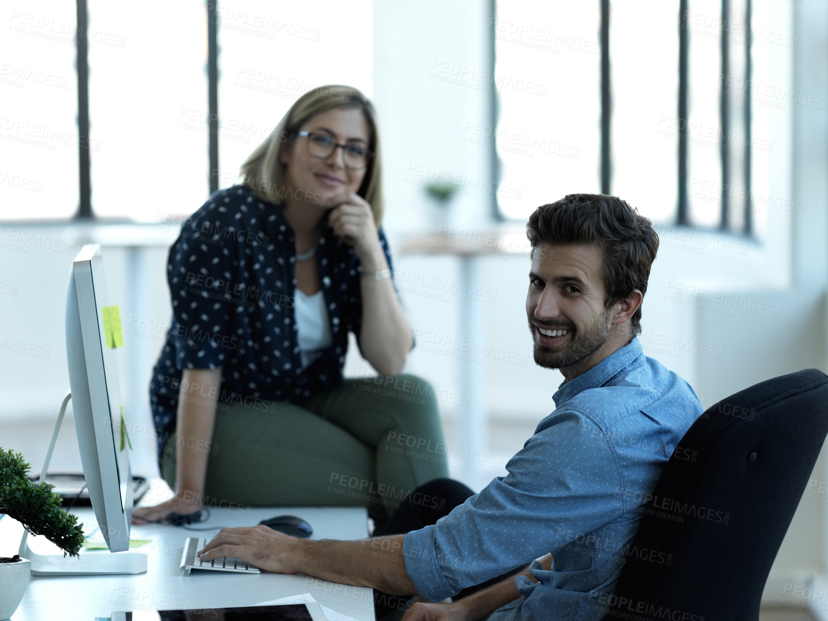 Buy stock photo Portrait, man and woman in office, business and brainstorming for project, sales growth and advertising campaign. Face, happy male employee and female manager in workplace, smile or corporate success