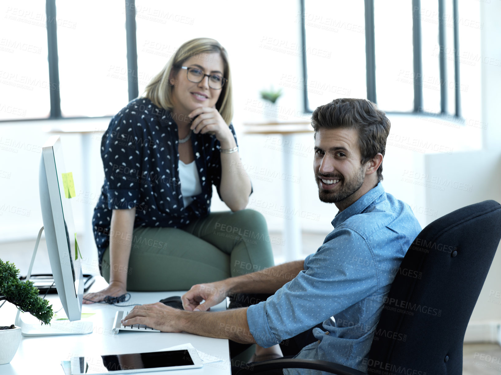 Buy stock photo Happy, teamwork and portrait of man and woman at computer for management, collaboration and planning. Strategy, designer and mentor with employee in digital agency for idea, learning and goals