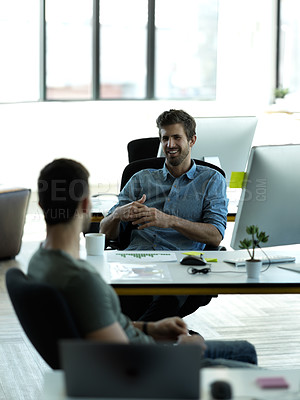 Buy stock photo Relax, friends and communication with businessman in office for teamwork, collaboration and planning, Lunch break, designer and mentor with employee in digital agency for idea, learning and goals