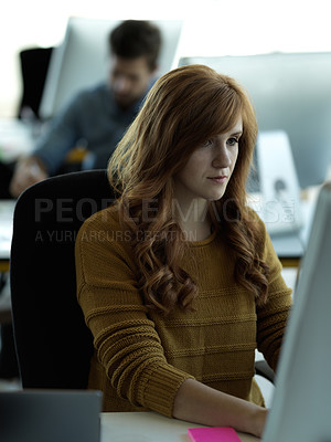 Buy stock photo Search, computer and serious with business woman in office for web design, analytics and planning. Digital marketing, technology and internet with employee in startup for idea, advertising and email