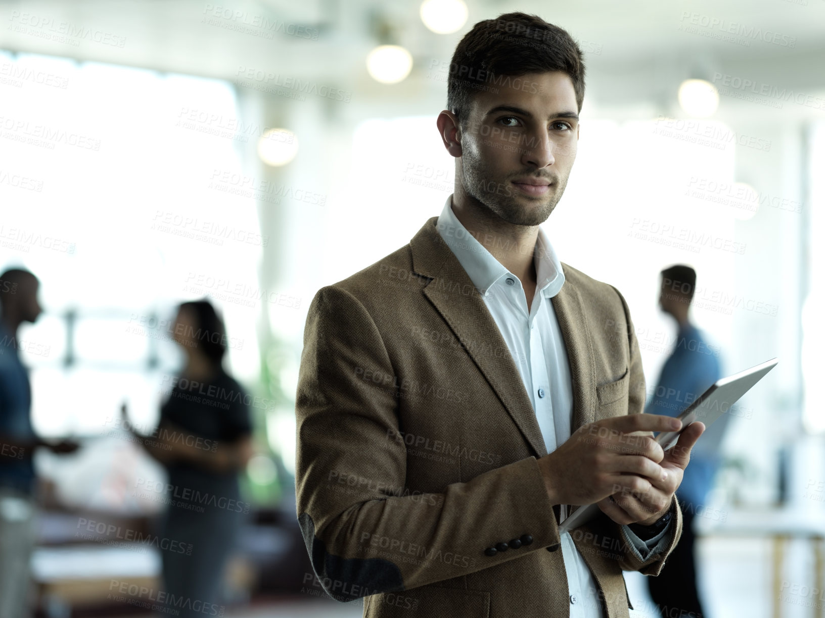 Buy stock photo Technology, confidence and portrait of businessman with tablet, confident business leader in India. Research, leadership and corporate ceo networking, online communication in management at startup.