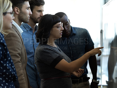 Buy stock photo Creative business people, whiteboard and planning in brainstorming, schedule or strategy at office. Group of employee workers in teamwork, collaboration or project management for corporate startup