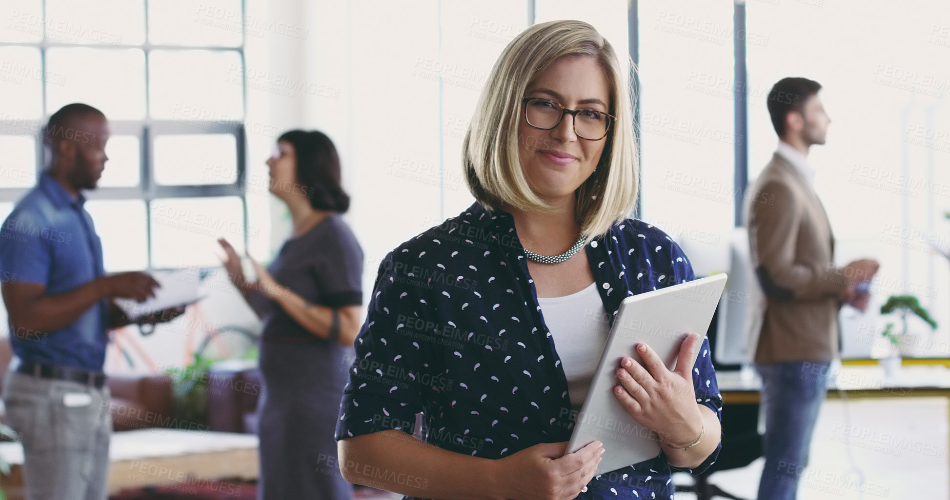 Buy stock photo Woman, tablet and portrait of leader in digital marketing for advertising or planning at the office. Female designer with touchscreen and smile for leadership, project management or company goals