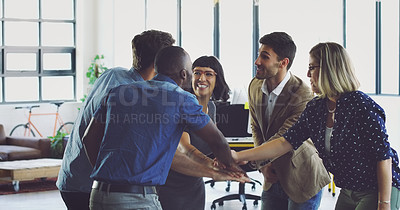 Buy stock photo Teamwork, success and winner with business people in office and celebration for motivation, faith and vision. Diversity, collaboration and trust with employees and hands for goal, community and focus