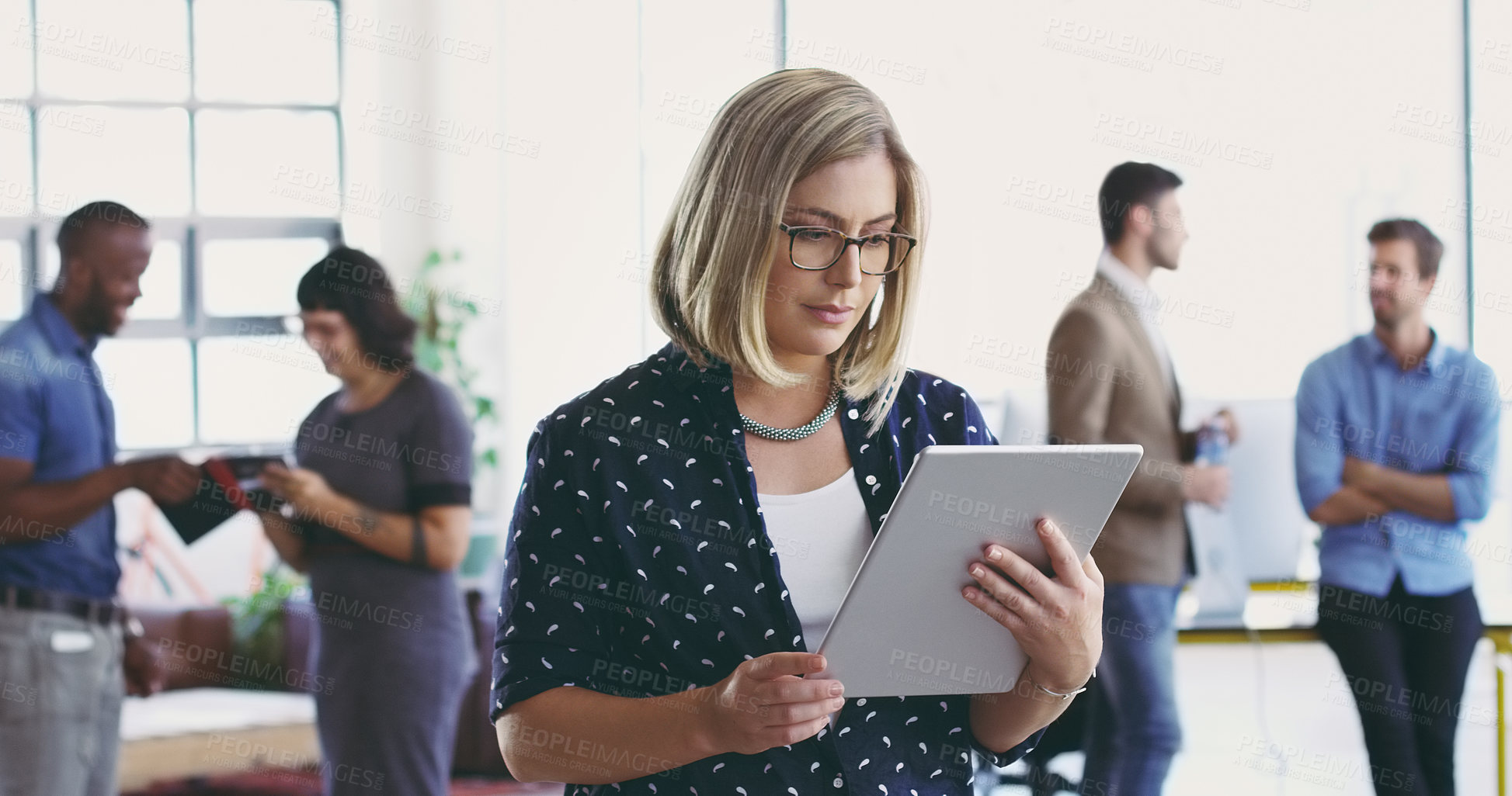 Buy stock photo Creative business woman, tablet and planning online schedule, app and busy startup agency. Female executive designer, digital technology and research strategy for project management, seo data and web