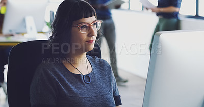 Buy stock photo Business woman, computer and online planning at desk, table and internet research in office. Female designer, desktop and technology strategy for seo website, data review or creative innovation ideas