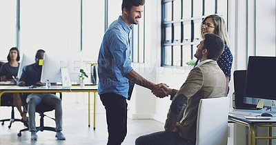 Buy stock photo Handshake, partnership and welcome with businessman in office for b2b, support or teamwork. Meeting, thank you or deal with people shaking hands in digital agency for creative, vision or goal