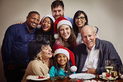 Buy stock photo Christmas, portrait and smile of blended family at dining room table together for festive food or meal. Celebration, feast and love with group of happy people in home for bonding, event or gathering