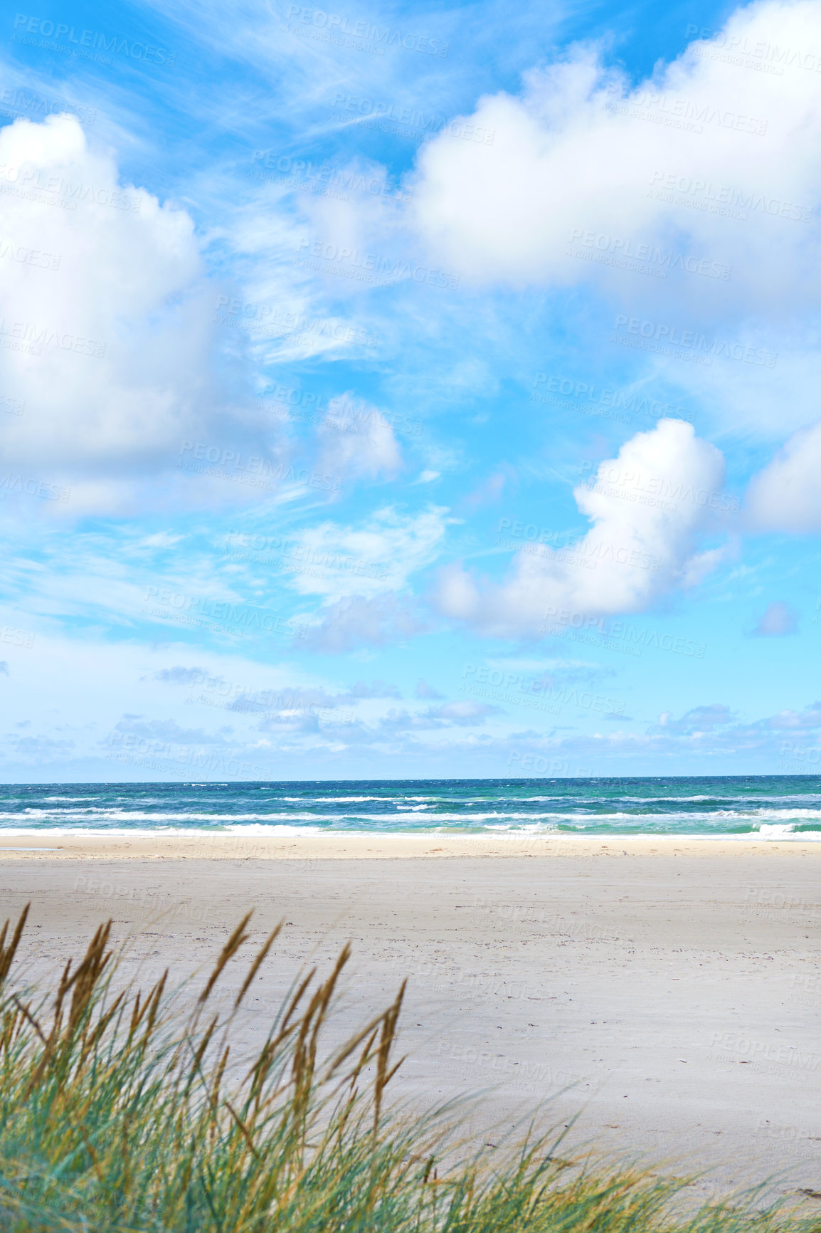 Buy stock photo Blue sky, beach and landscape, nature and travel with environment and coastal location in Denmark. Fresh air, tropical and land with seaside destination and ocean view, outdoor and natural scenery