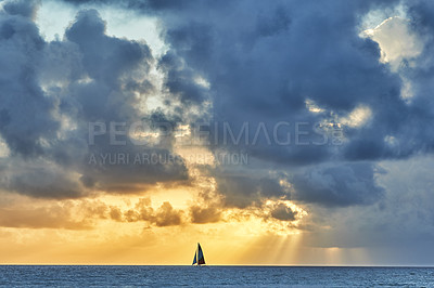 Buy stock photo Sea, sunset and water for vacation, holiday or weekend trip to paradise. Seascape, sunlight and yacht on horizon for hawaii travel, outdoor adventure and ocean shore for tropical summer environment