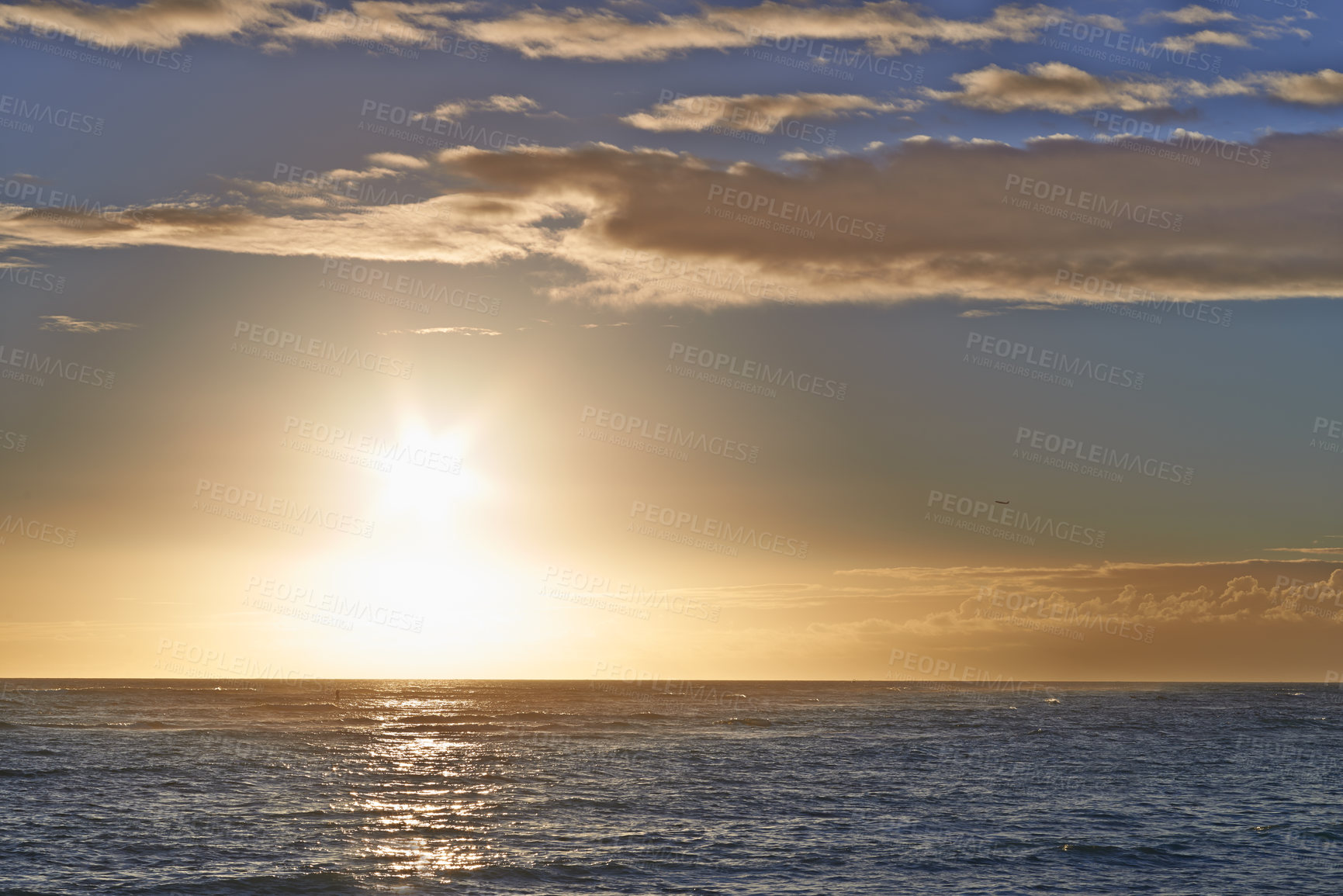 Buy stock photo Tropical sunset over the  Pacific Ocean - seen from Waikiki Beach, Honolulu